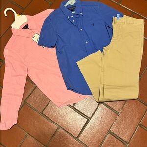 Polo Short Sleeved Shirt and Pink Button-Up with Tan Pants- size 7 bundle